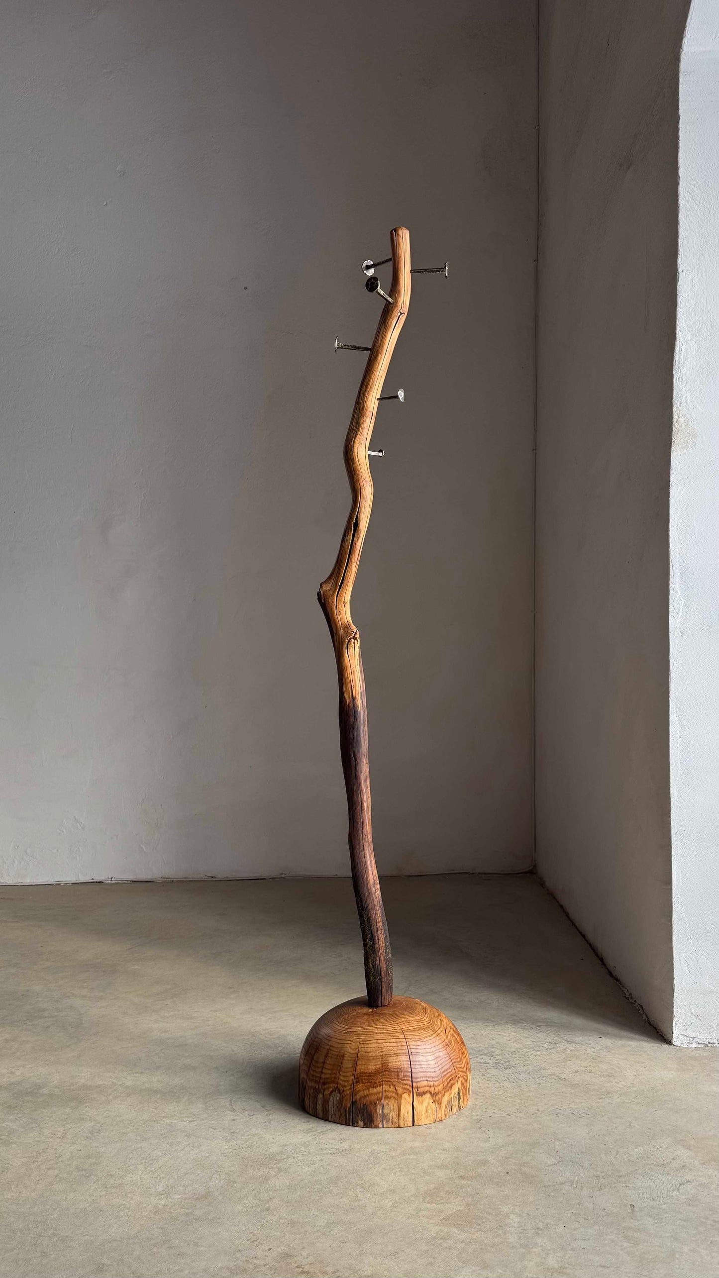 Driftwood Coat Rack with Brass Pegs wood freestanding coat rack with heavy base