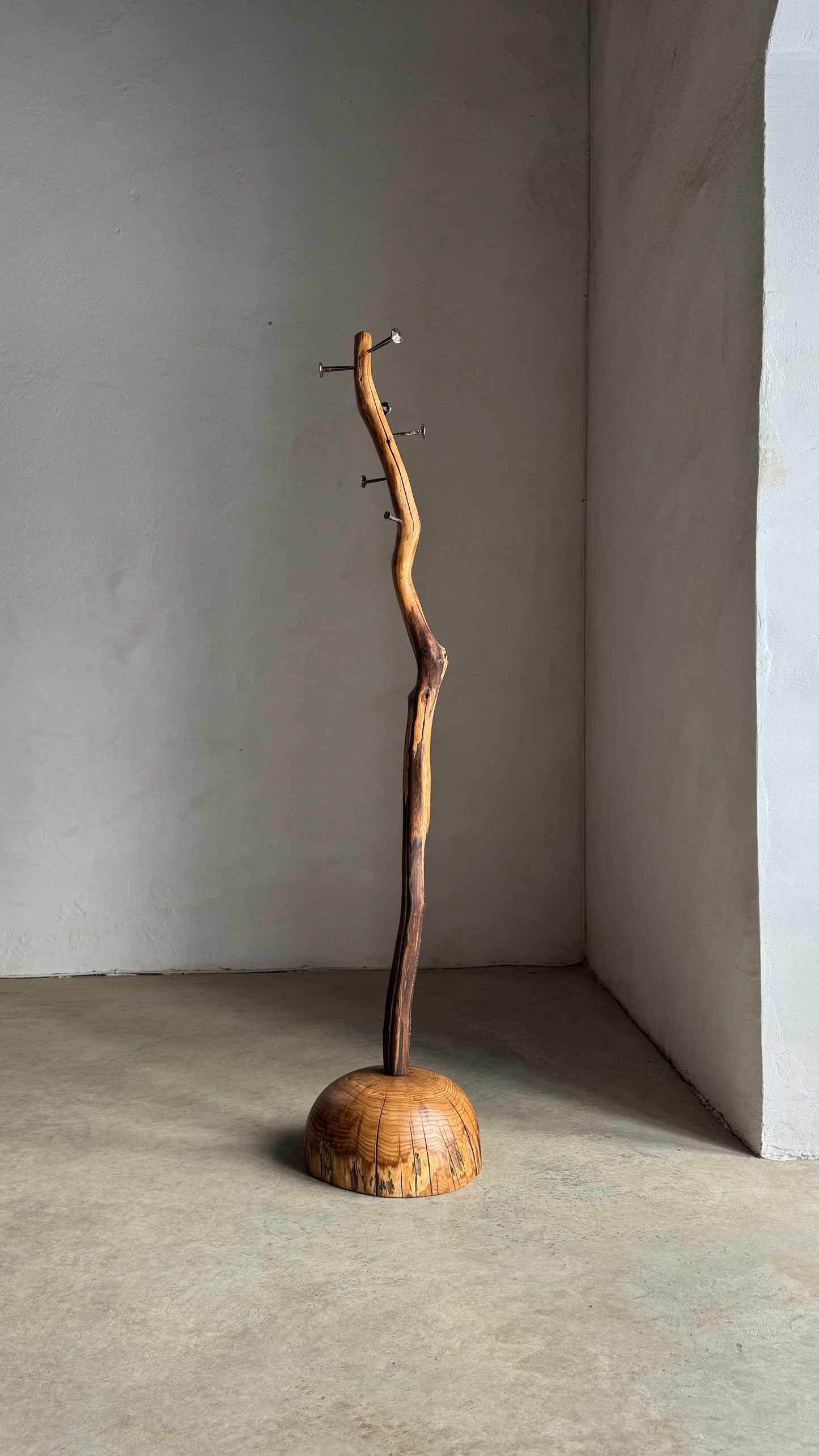 Driftwood Coat Rack with Brass Pegs wood freestanding coat rack with heavy base