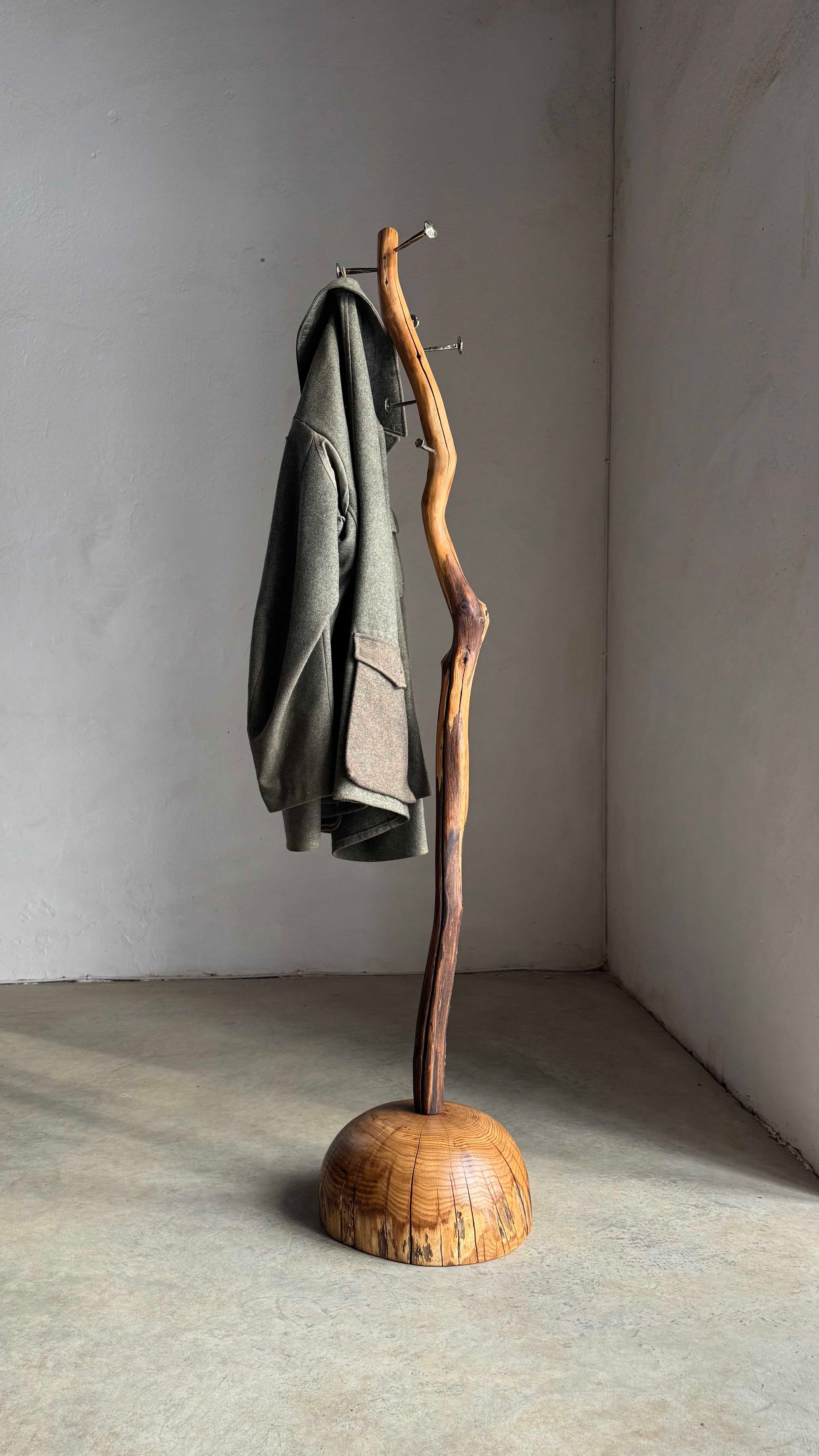 Driftwood Coat Rack with Brass Pegs wood freestanding coat rack with heavy base