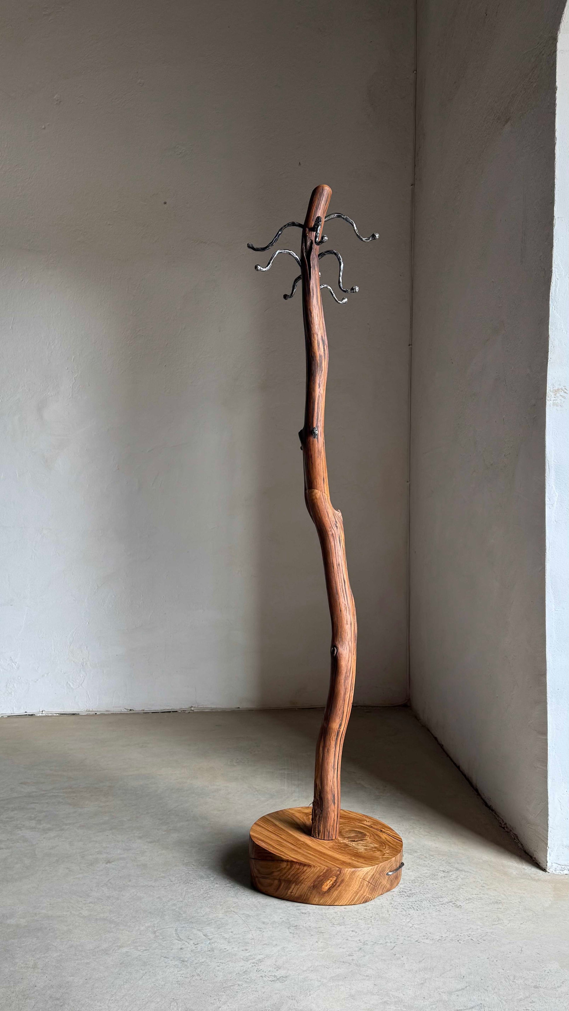 Oak Coat Rack with steel hangers Wooden coat stand against a plain wall.