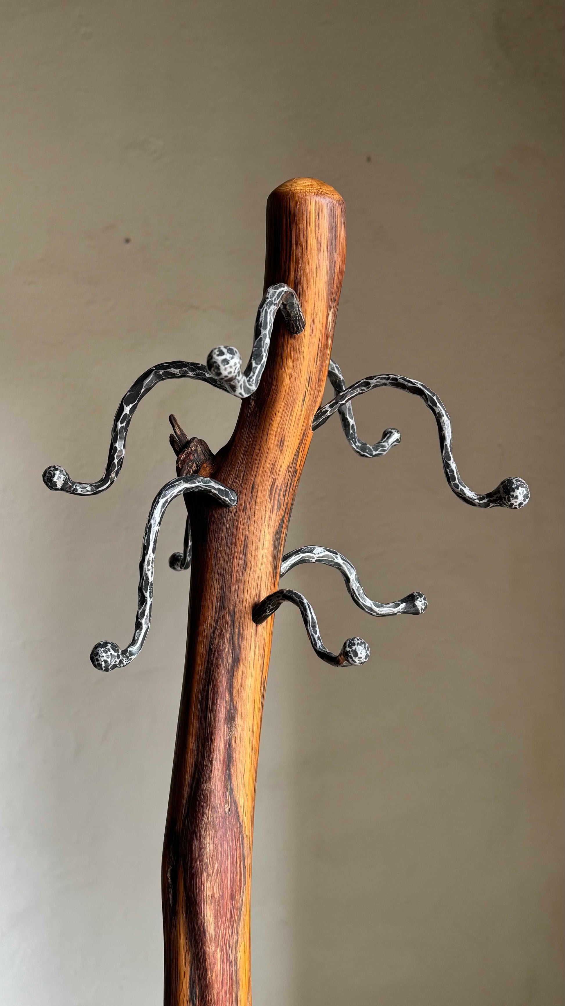Oak Coat Rack with steel hangers Wooden coat stand against a plain wall.