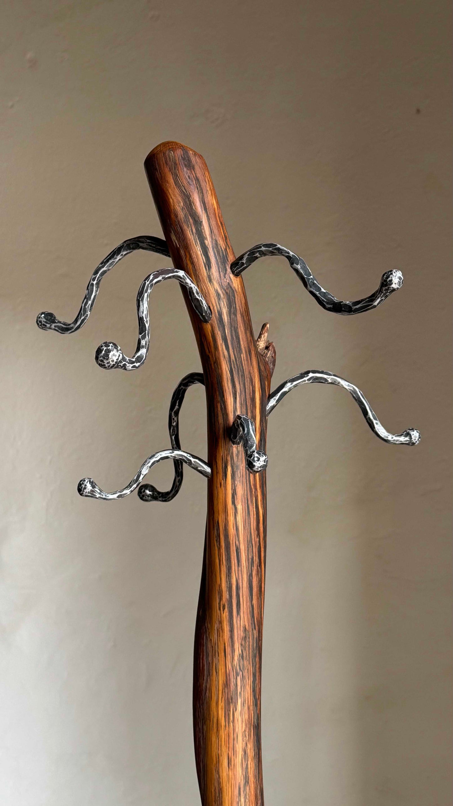 Oak Coat Rack with steel hangers Wooden coat stand against a plain wall.