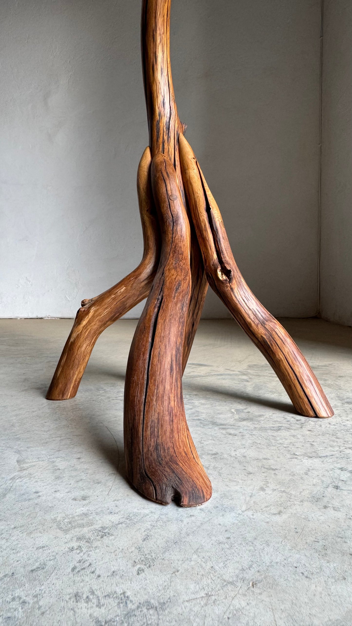 Oak Coat Rack Handcrafted Wooden coat stand with natural branch design on a gray floor.