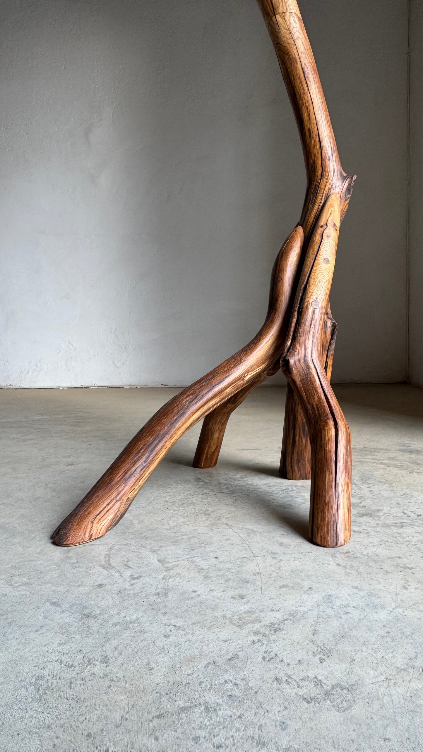 Oak Coat Rack Handcrafted Wooden floor lamp with natural branch design on a plain background