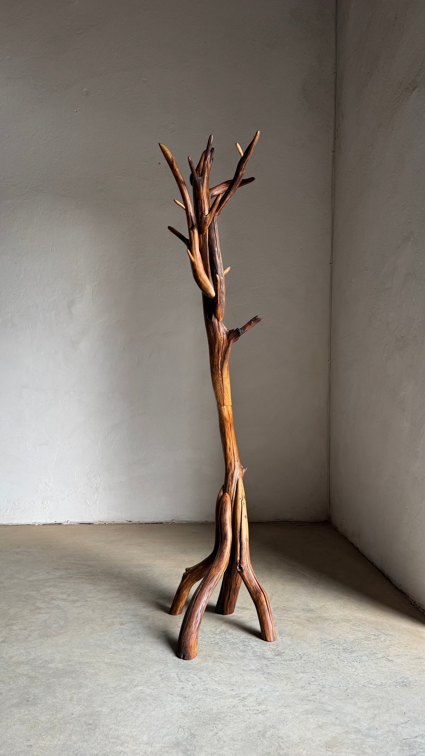 Oak Coat Rack Handcrafted Wooden coat stand shaped like a tree with a plain gray background