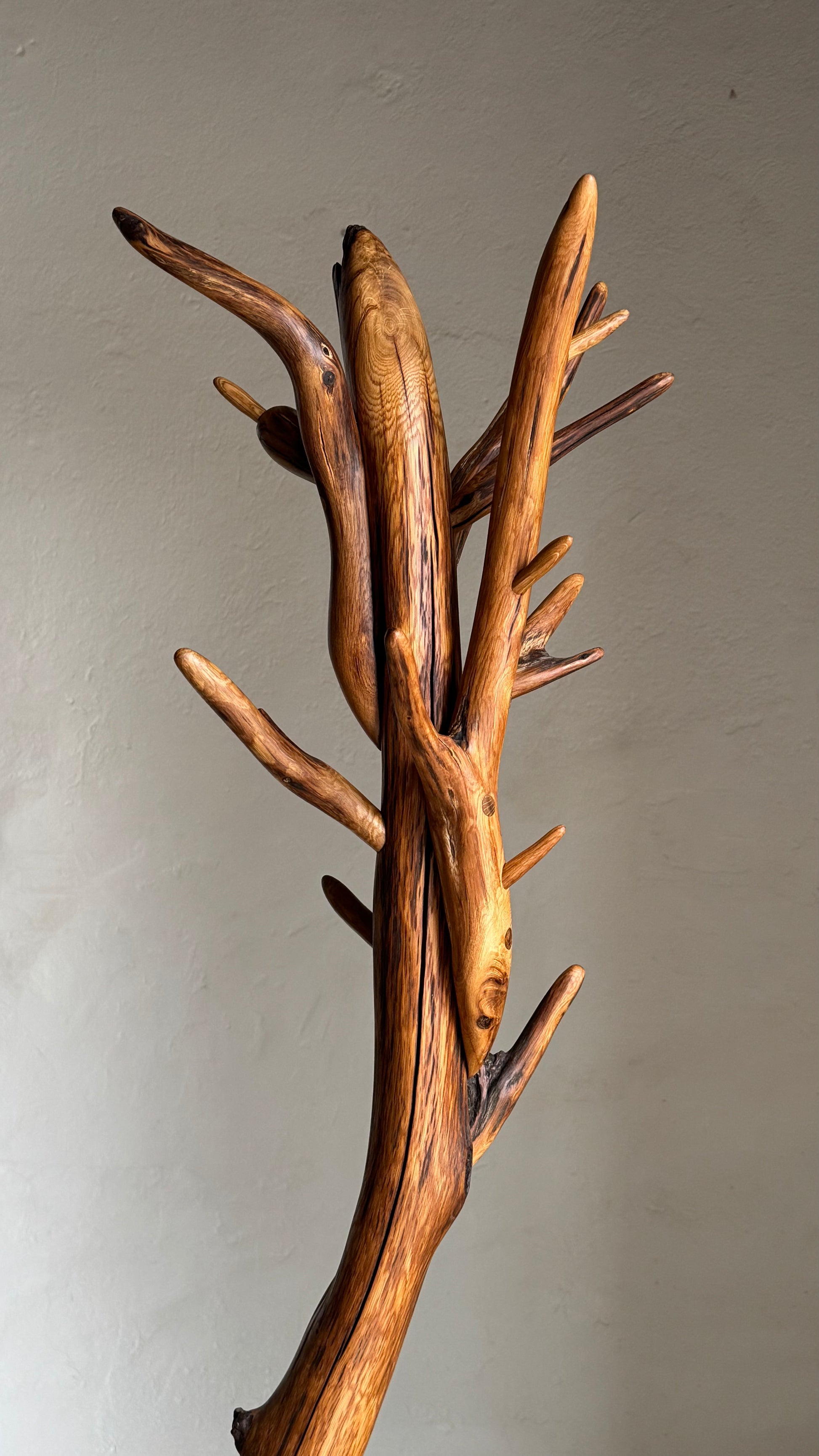 Oak Coat Rack Handcrafted Wooden branch-like coat rack against a plain wall