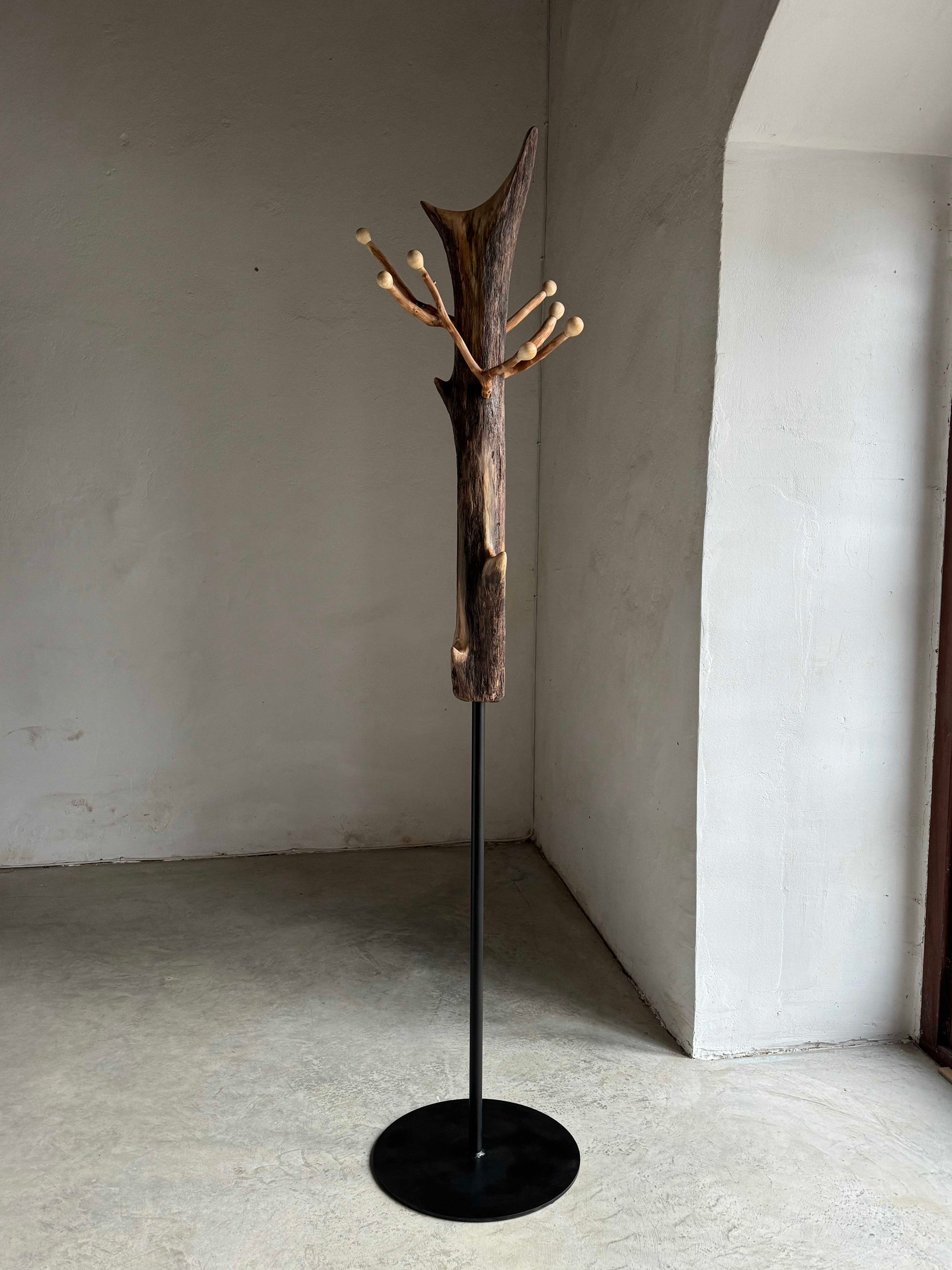 Standing Driftwood Coat Rack with Hazel Branch Hooks and Aspen Knobs