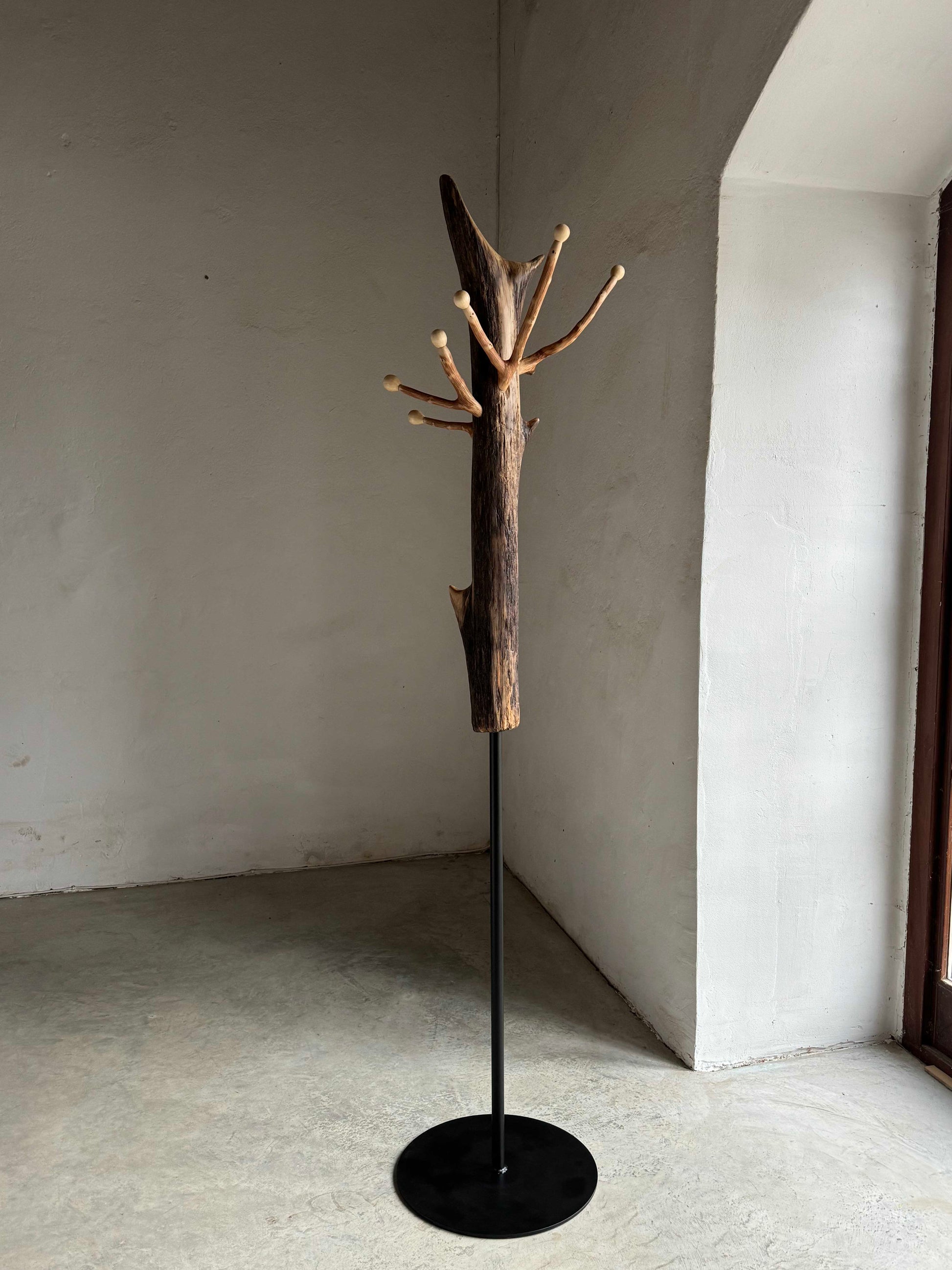 Standing Driftwood Coat Rack with Hazel Branch Hooks and Aspen Knobs