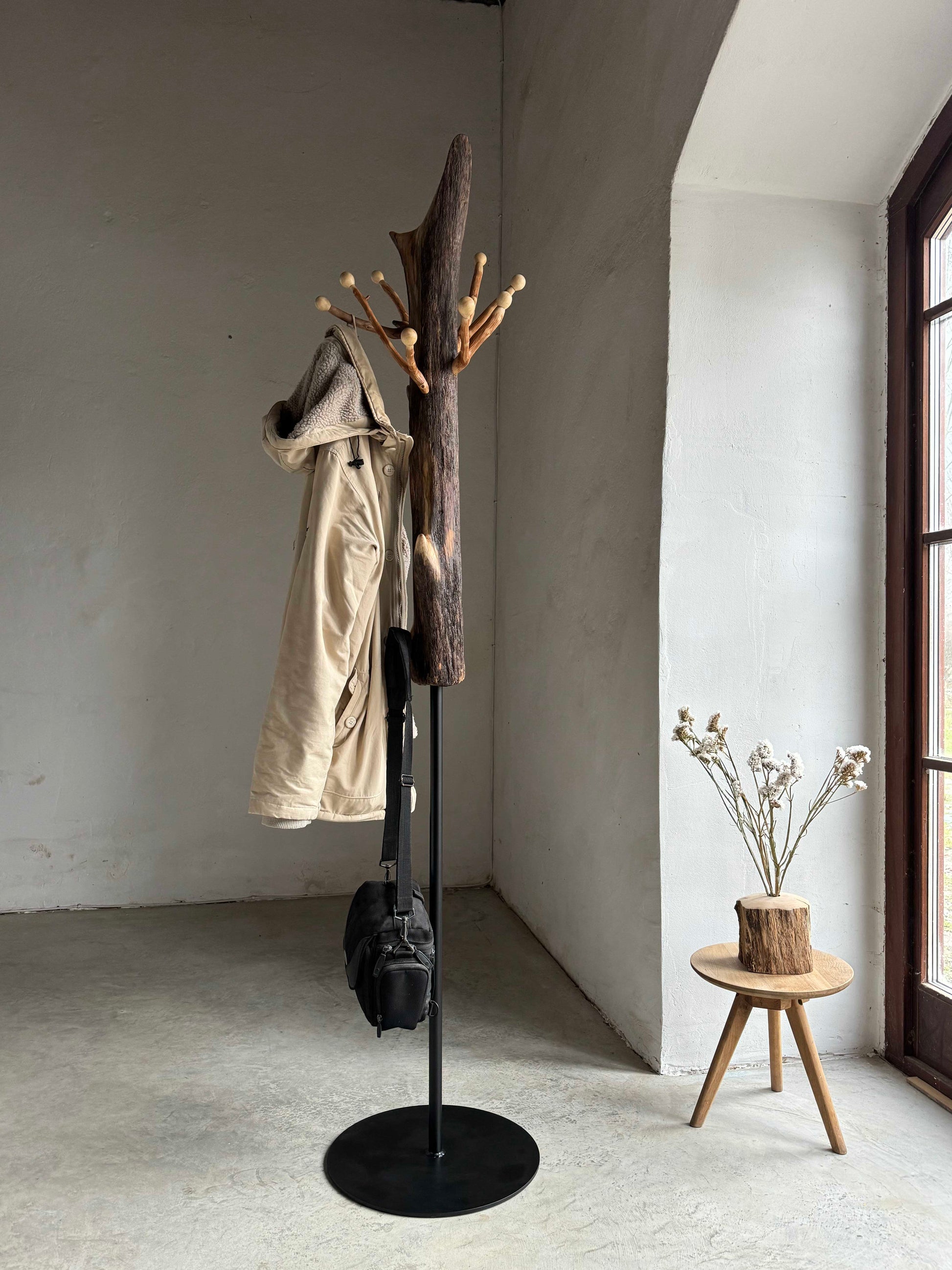 Standing Driftwood Coat Rack with Hazel Branch Hooks and Aspen Knobs